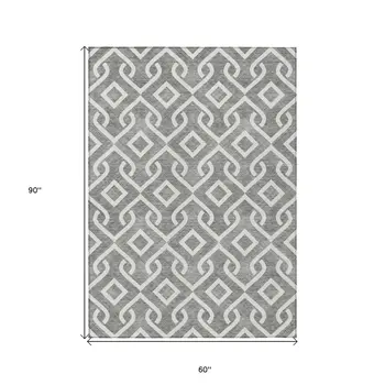 5' X 8' Gray And Ivory Geometric Washable Indoor Outdoor Area Rug