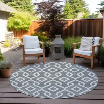 8' Gray And Ivory Round Geometric Washable Indoor Outdoor Area Rug