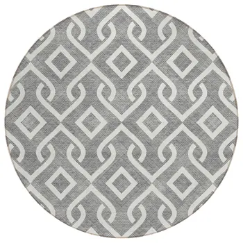 8' Gray And Ivory Round Geometric Washable Indoor Outdoor Area Rug