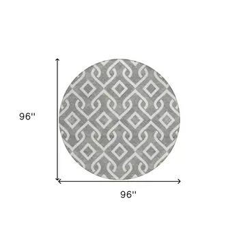 8' Gray And Ivory Round Geometric Washable Indoor Outdoor Area Rug