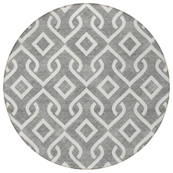 8' Gray And Ivory Round Geometric Washable Indoor Outdoor Area Rug