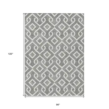 8' X 10' Gray And Ivory Geometric Washable Indoor Outdoor Area Rug