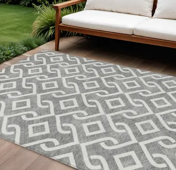 10' X 14' Gray And Ivory Geometric Washable Indoor Outdoor Area Rug