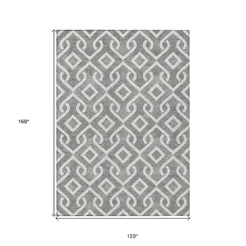 10' X 14' Gray And Ivory Geometric Washable Indoor Outdoor Area Rug