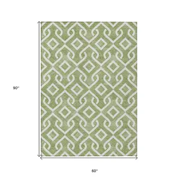 5' X 8' Green And Ivory Geometric Washable Indoor Outdoor Area Rug