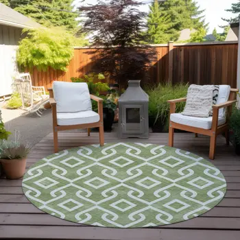 8' Green And Ivory Round Geometric Washable Indoor Outdoor Area Rug