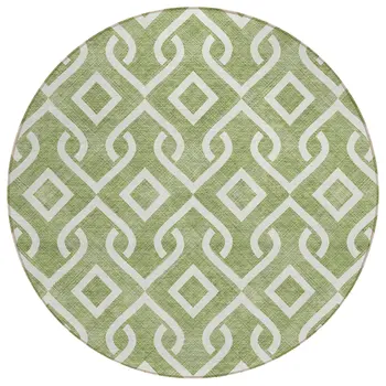 8' Green And Ivory Round Geometric Washable Indoor Outdoor Area Rug