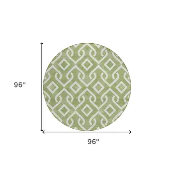 8' Green And Ivory Round Geometric Washable Indoor Outdoor Area Rug