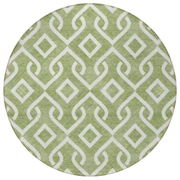 8' Green And Ivory Round Geometric Washable Indoor Outdoor Area Rug