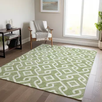 9' X 12' Green And Ivory Geometric Washable Indoor Outdoor Area Rug