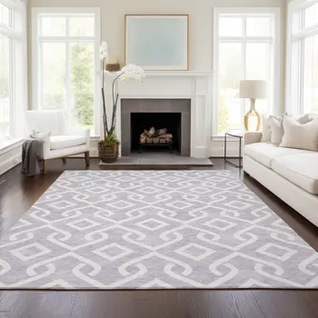 9' X 12' Lavender And Ivory Geometric Washable Indoor Outdoor Area Rug
