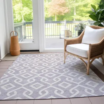9' X 12' Lavender And Ivory Geometric Washable Indoor Outdoor Area Rug