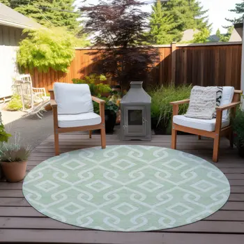 8' Mint Green And Ivory Round Geometric Washable Indoor Outdoor Area Rug