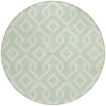 8' Mint Green And Ivory Round Geometric Washable Indoor Outdoor Area Rug