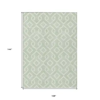 9' X 12' Mint Green And Ivory Geometric Washable Indoor Outdoor Area Rug