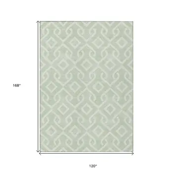 10' X 14' Mint Green And Ivory Geometric Washable Indoor Outdoor Area Rug