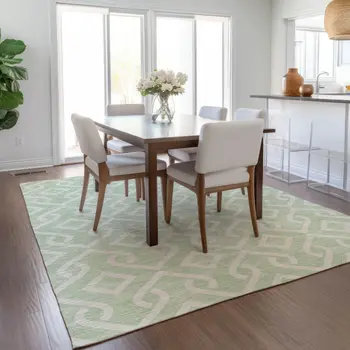 10' X 14' Mint Green And Ivory Geometric Washable Indoor Outdoor Area Rug