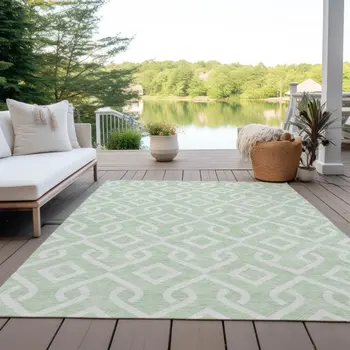 10' X 14' Mint Green And Ivory Geometric Washable Indoor Outdoor Area Rug