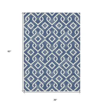 3' X 5' Navy Blue And Ivory Geometric Washable Indoor Outdoor Area Rug