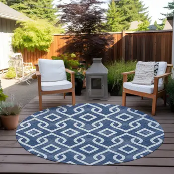 8' Navy Blue And Ivory Round Geometric Washable Indoor Outdoor Area Rug