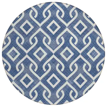 8' Navy Blue And Ivory Round Geometric Washable Indoor Outdoor Area Rug