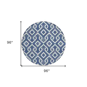 8' Navy Blue And Ivory Round Geometric Washable Indoor Outdoor Area Rug