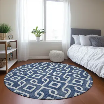 8' Navy Blue And Ivory Round Geometric Washable Indoor Outdoor Area Rug