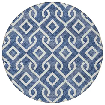8' Navy Blue And Ivory Round Geometric Washable Indoor Outdoor Area Rug