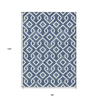 8' X 10' Navy Blue And Ivory Geometric Washable Indoor Outdoor Area Rug