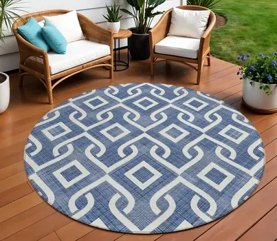 9' X 12' Navy Blue And Ivory Geometric Washable Indoor Outdoor Area Rug
