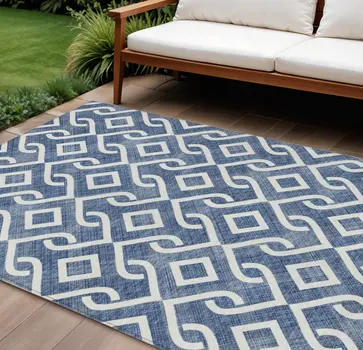 10' X 14' Navy Blue And Ivory Geometric Washable Indoor Outdoor Area Rug