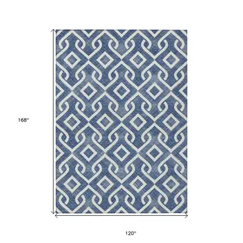 10' X 14' Navy Blue And Ivory Geometric Washable Indoor Outdoor Area Rug