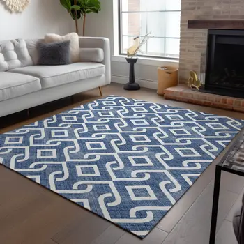 10' X 14' Navy Blue And Ivory Geometric Washable Indoor Outdoor Area Rug