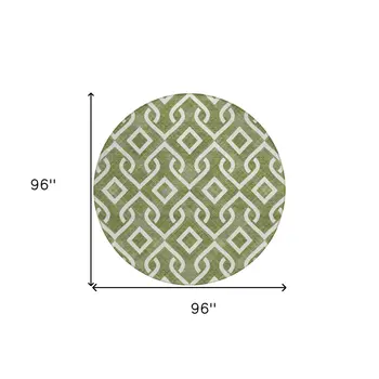8' Olive Green And Ivory Round Geometric Washable Indoor Outdoor Area Rug