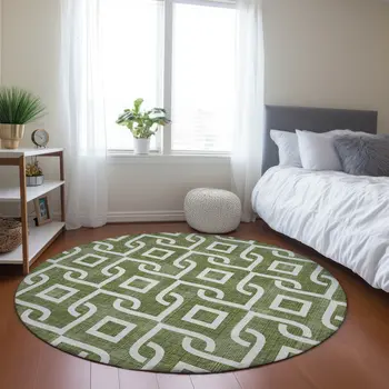 8' Olive Green And Ivory Round Geometric Washable Indoor Outdoor Area Rug
