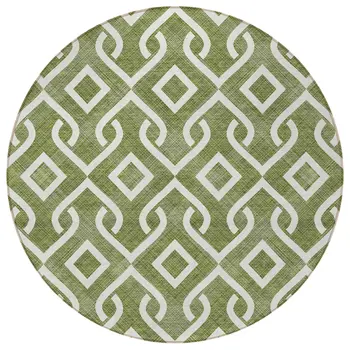 8' Olive Green And Ivory Round Geometric Washable Indoor Outdoor Area Rug