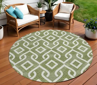 8' Olive Green And Ivory Round Geometric Washable Indoor Outdoor Area Rug