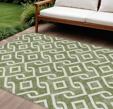 9' X 12' Olive Green And Ivory Geometric Washable Indoor Outdoor Area Rug