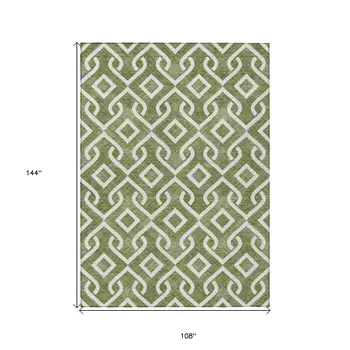 9' X 12' Olive Green And Ivory Geometric Washable Indoor Outdoor Area Rug