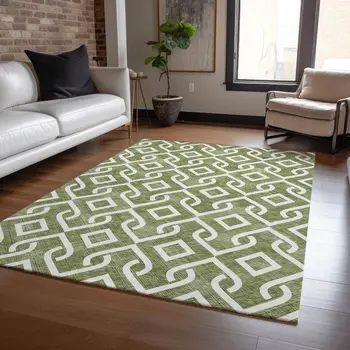 9' X 12' Olive Green And Ivory Geometric Washable Indoor Outdoor Area Rug