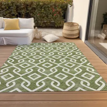 10' X 14' Olive Green And Ivory Geometric Washable Indoor Outdoor Area Rug