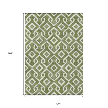10' X 14' Olive Green And Ivory Geometric Washable Indoor Outdoor Area Rug