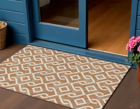3' X 5' Orange And Ivory Geometric Washable Indoor Outdoor Area Rug
