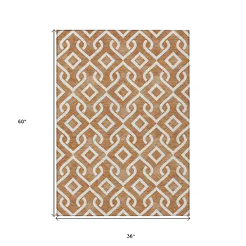 3' X 5' Orange And Ivory Geometric Washable Indoor Outdoor Area Rug