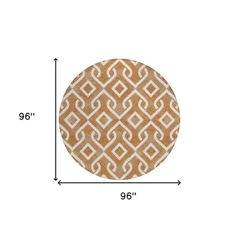 8' Orange And Ivory Round Geometric Washable Indoor Outdoor Area Rug