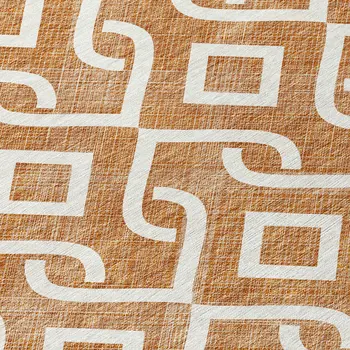 8' Orange And Ivory Round Geometric Washable Indoor Outdoor Area Rug