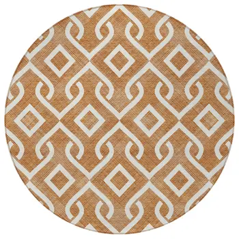 8' Orange And Ivory Round Geometric Washable Indoor Outdoor Area Rug