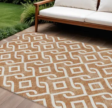 8' X 10' Orange And Ivory Geometric Washable Indoor Outdoor Area Rug