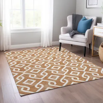 8' X 10' Orange And Ivory Geometric Washable Indoor Outdoor Area Rug