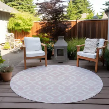 8' Pink And Ivory Round Geometric Washable Indoor Outdoor Area Rug